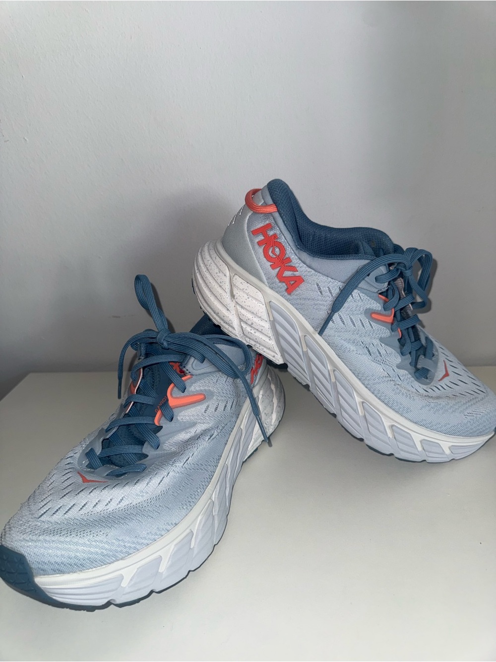 Hoka Women's GAVIOTA 4 Powder Blue and Coral Athletic Running Shoes